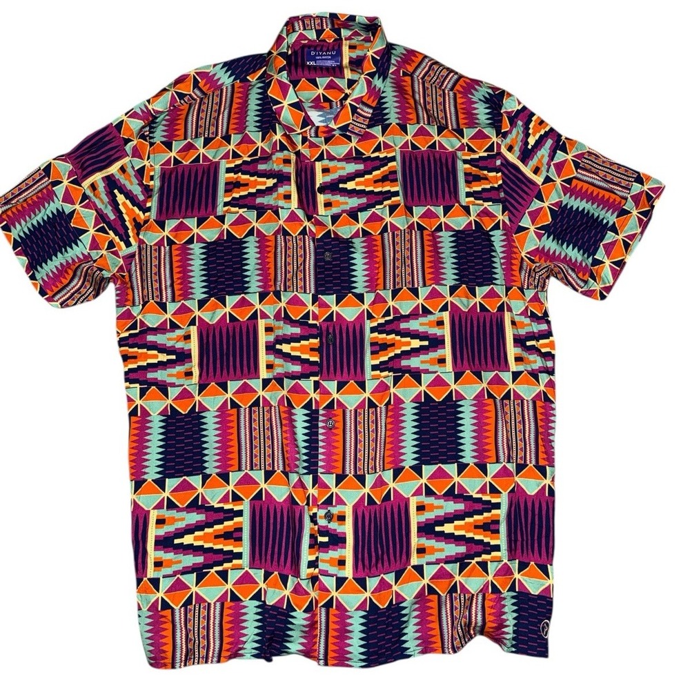 D'iyanu Men's 2XL Rayon African Print Button-Up‎ Shirt Short Sleeve Bold Pattern